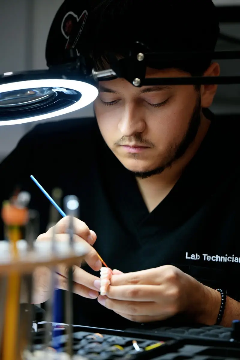 Lab technician working meticulously on dental prosthetics under a bright magnifying lamp.